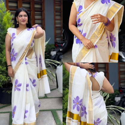 Floral Print Kerala Kasav Saree