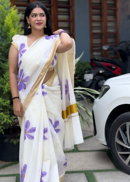 Floral Print Kerala Kasav Saree