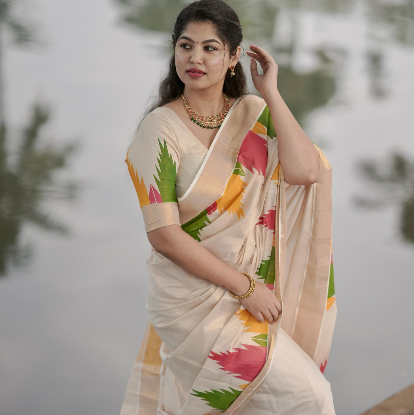 Multi Colour Temple Golden Tissue Saree