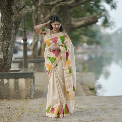 Multi Colour Temple Golden Tissue Saree