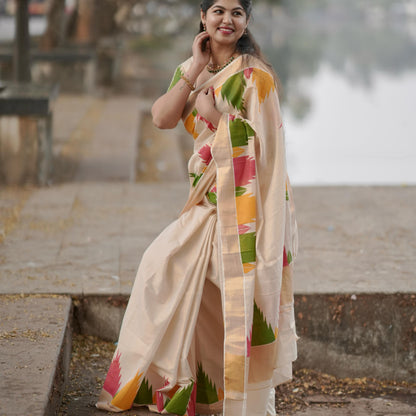 Multi Colour Temple Golden Tissue Saree