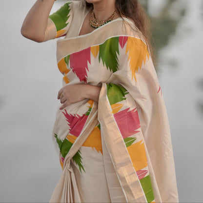 Multi Colour Temple Golden Tissue Saree