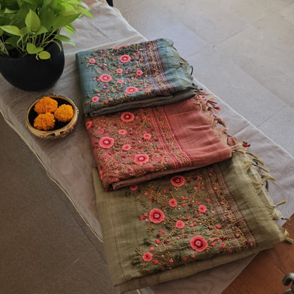 French Knot Linen Tissue Saree