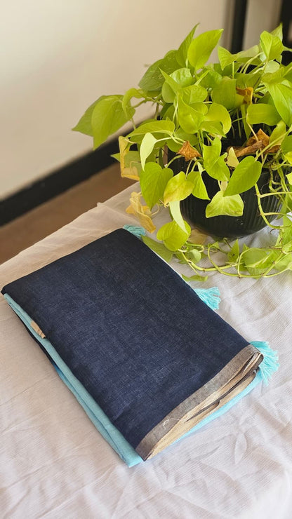 Dual Color Cotton Linen Saree