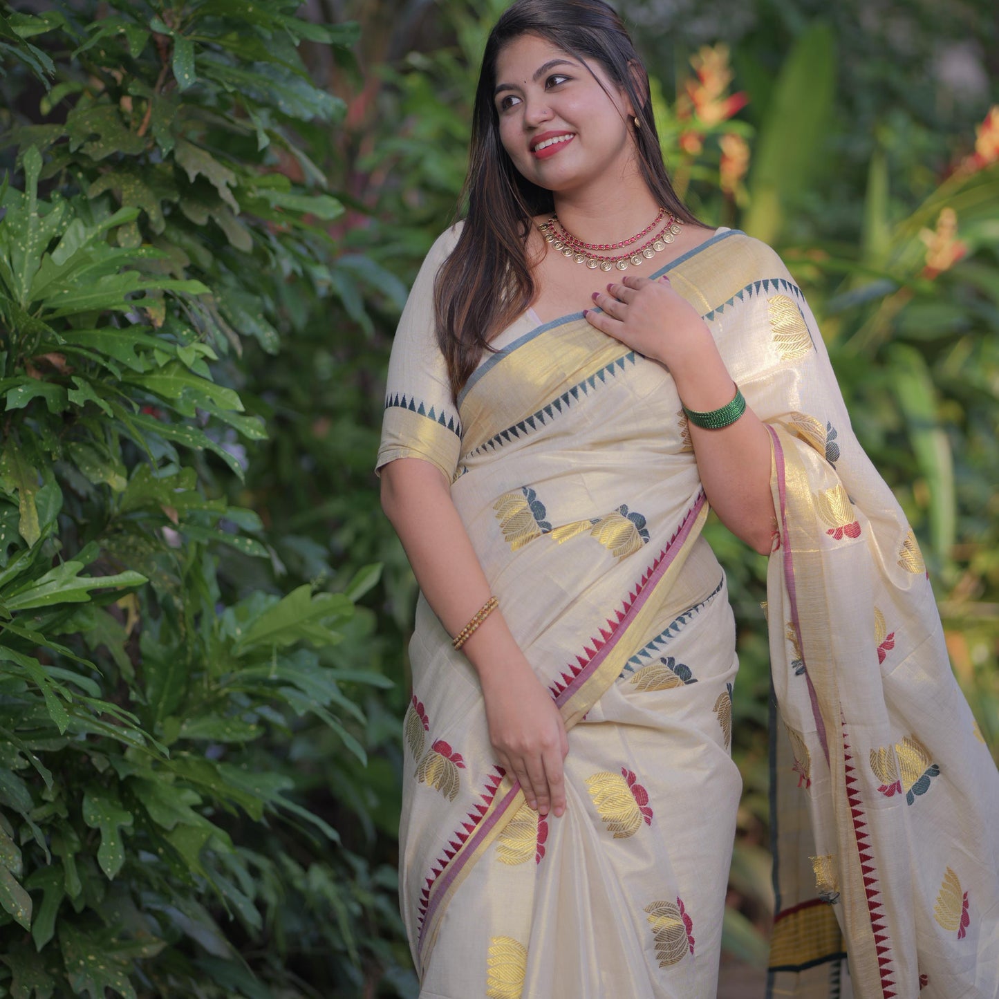 Lotus Weave Golden Tissue Saree